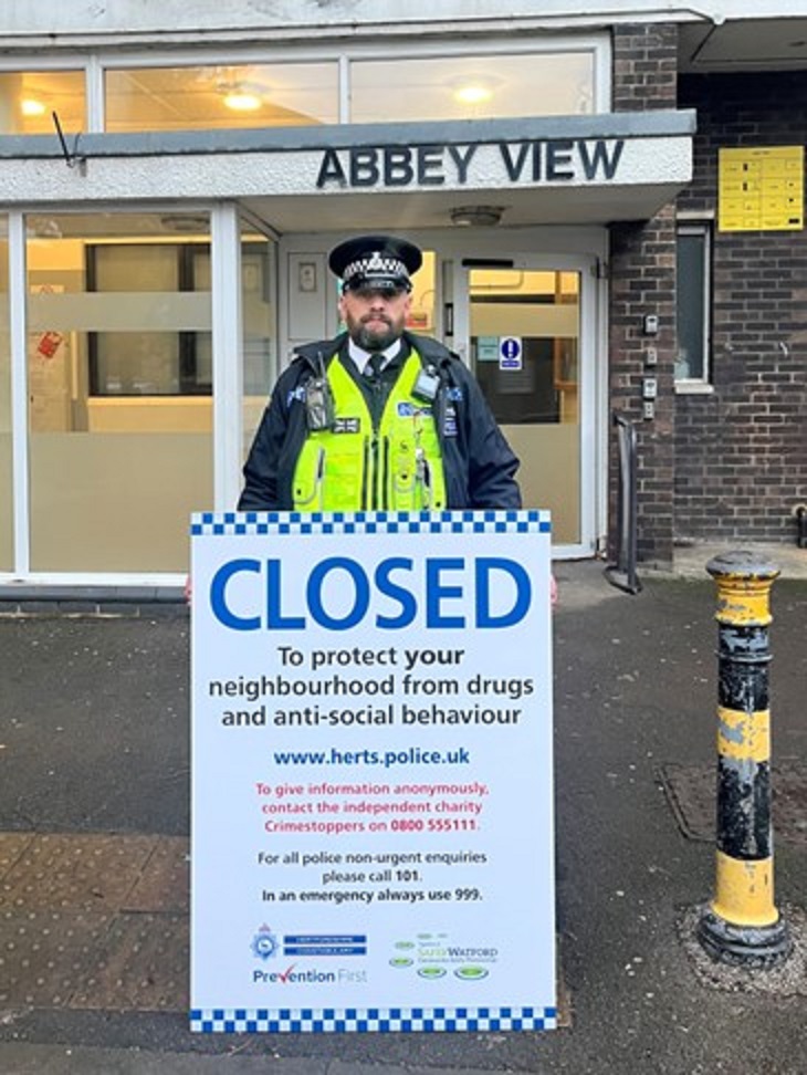 CSU Sergeant Karl Diggins standing in front of Abbey View, Watford
