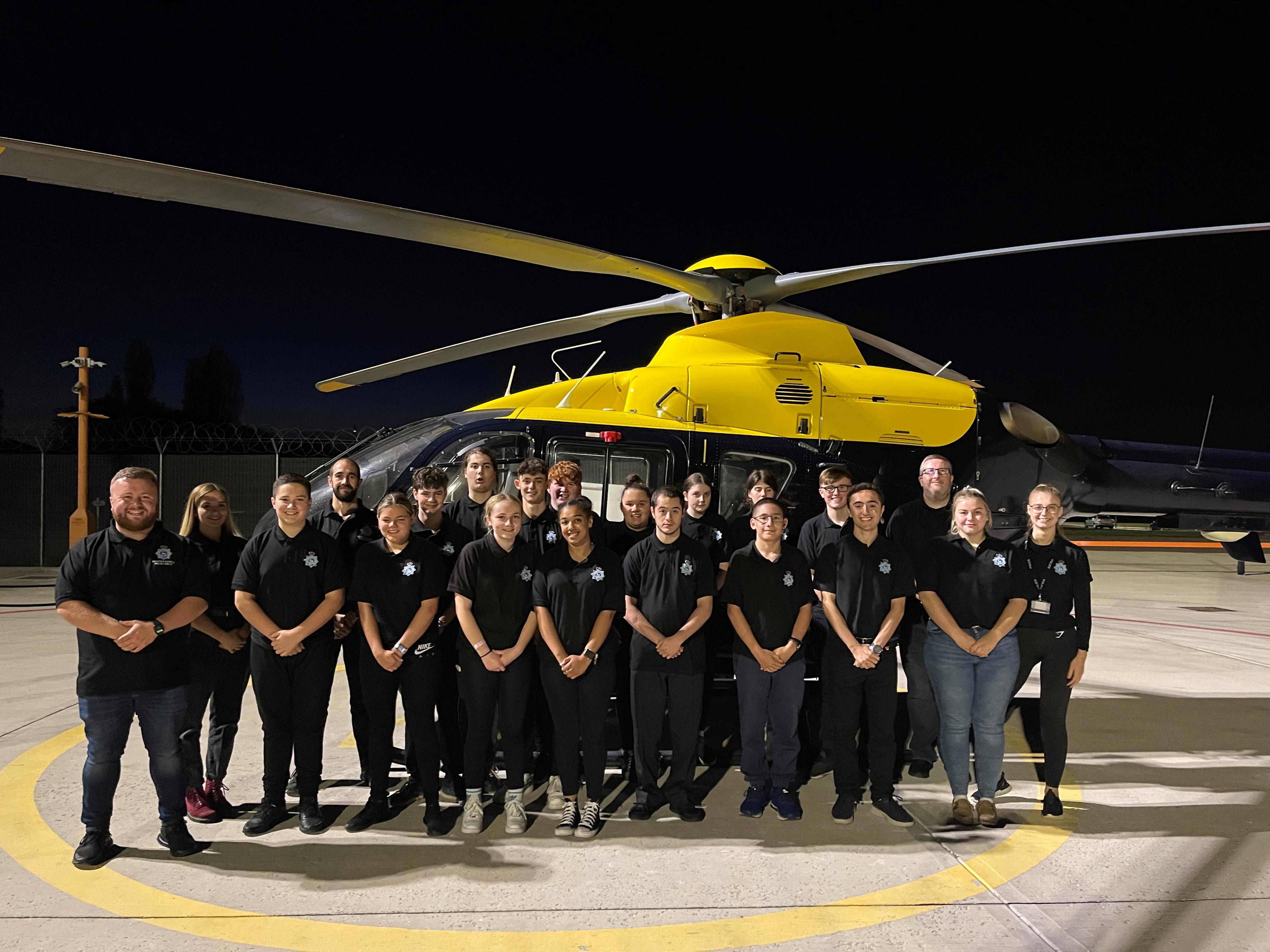 Image of cadets with the police helicopter