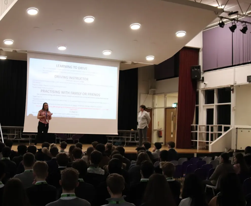 Image of the road safety talking being delivered to students