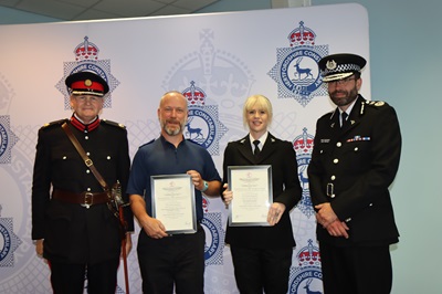 Pc Jem Oliver and PCSO Tom Perrin with Chief Constable Andy Prophet