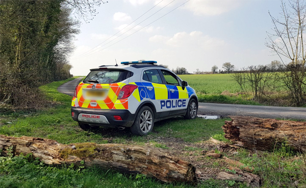 Rural police car parked next to a green field